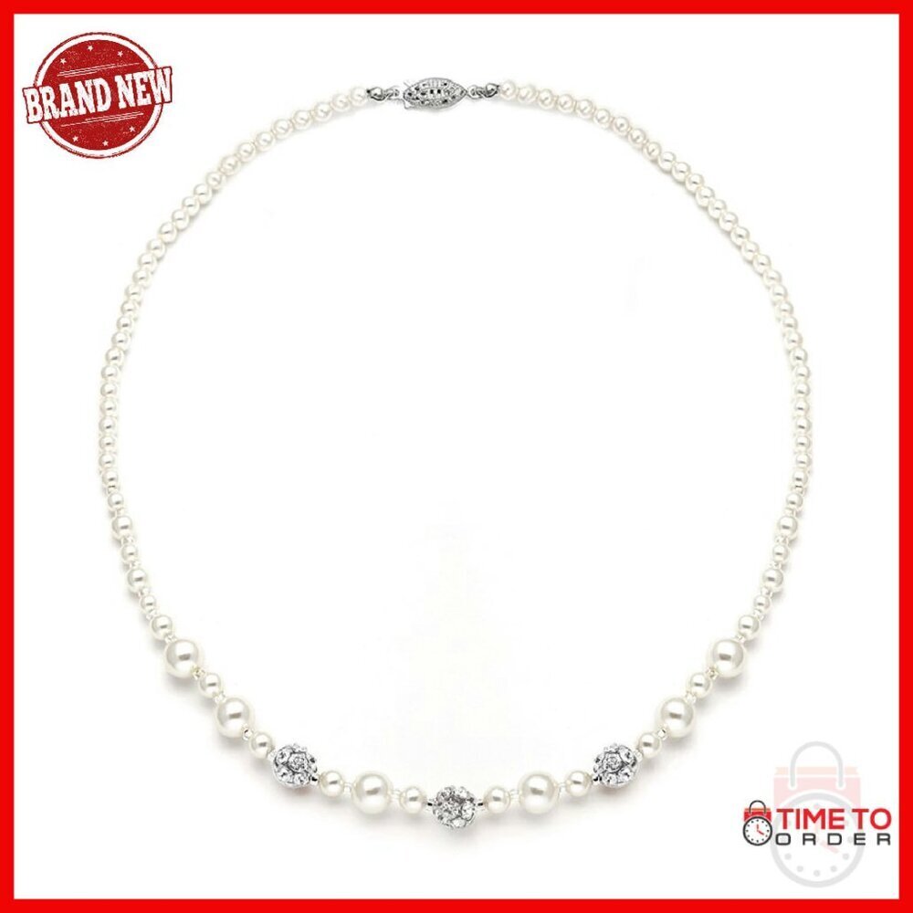 16" Pearl Necklace with Rhinestone Fireballs, Bridal Jewelry